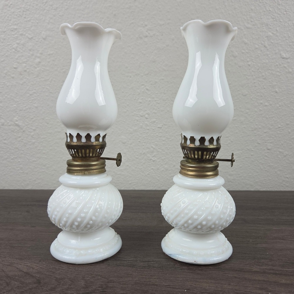Vintage Miniature Hobnail Milk Glass Oil Lamps Lanterns Pair White Brass Unused